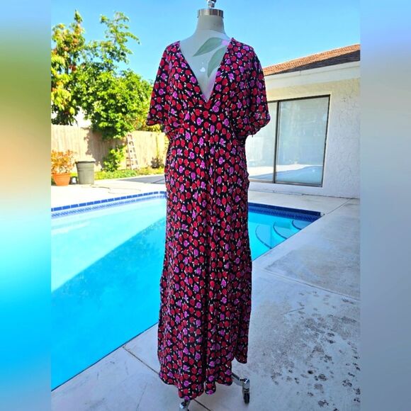 Zara Red Plunge Neck Flutter Sleeve Maxi Dress - Picture 4 of 6